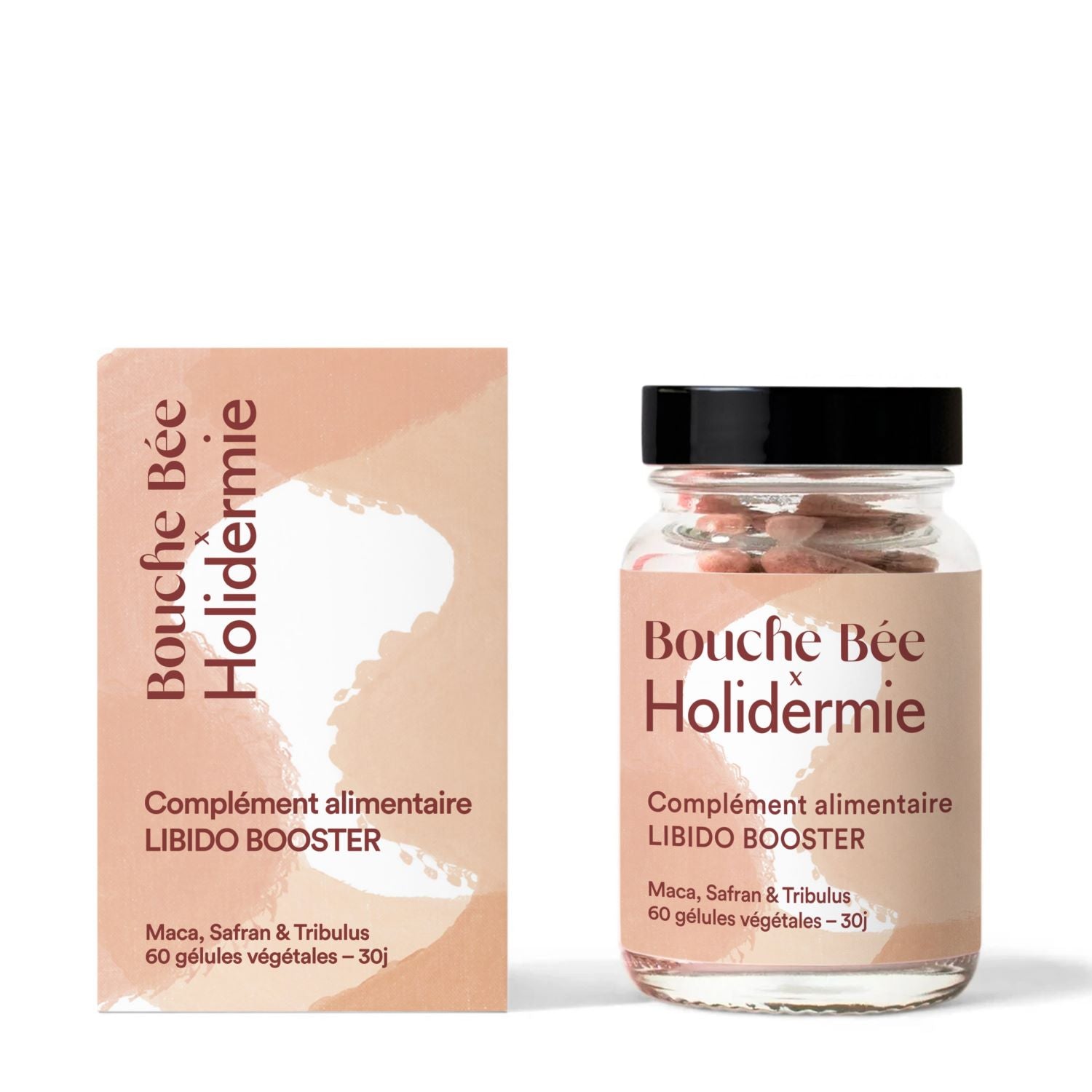 Libido Booster Bouche Bée x Holidermie avec emballage et pot de capsules végétales, idéal pour stimuler l'envie et l'énergie naturelle.